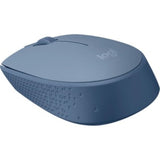 Logitech M171 Wireless Mouse in blue grey, featuring 1000 DPI, ambidextrous design, and USB receiver for quick use.