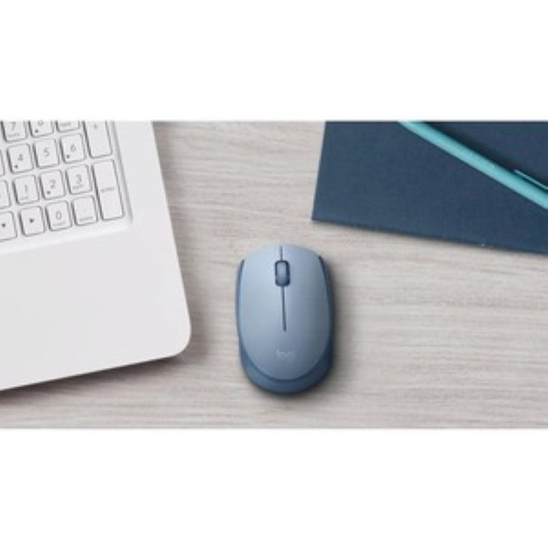 Logitech M171 Wireless Mouse in blue-grey, features ambidextrous design, smooth optical tracking, and 12-month battery life.