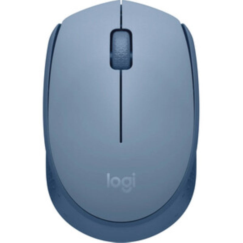 Logitech M171 Wireless Mouse in blue-grey, featuring ambidextrous design, USB receiver, and 1000 DPI for precise tracking.