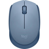 Logitech M171 Wireless Mouse in blue-grey, featuring ambidextrous design, USB receiver, and 1000 DPI for precise tracking.