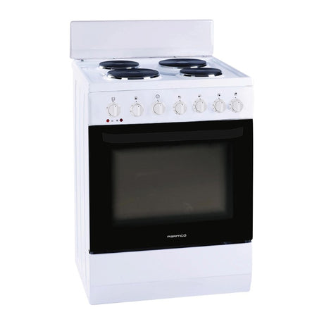 Electric freestanding stove with 60L oven, 4 solid plate cooktop controls, and triple-glaze door in white finish.