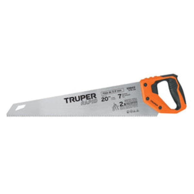 Hand Saw Rapid Cut 7 Point 500mm with non-slip handle and triple-edged teeth for fast, precise cuts in wood.