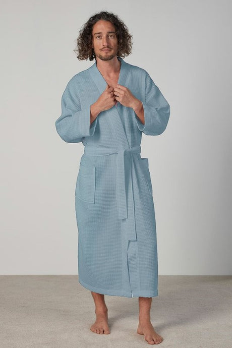 Blue 50/50 Waffle Kimono Bathrobe by BAKSANA, featuring two pockets, waist tie, and unisex one size fits all design.