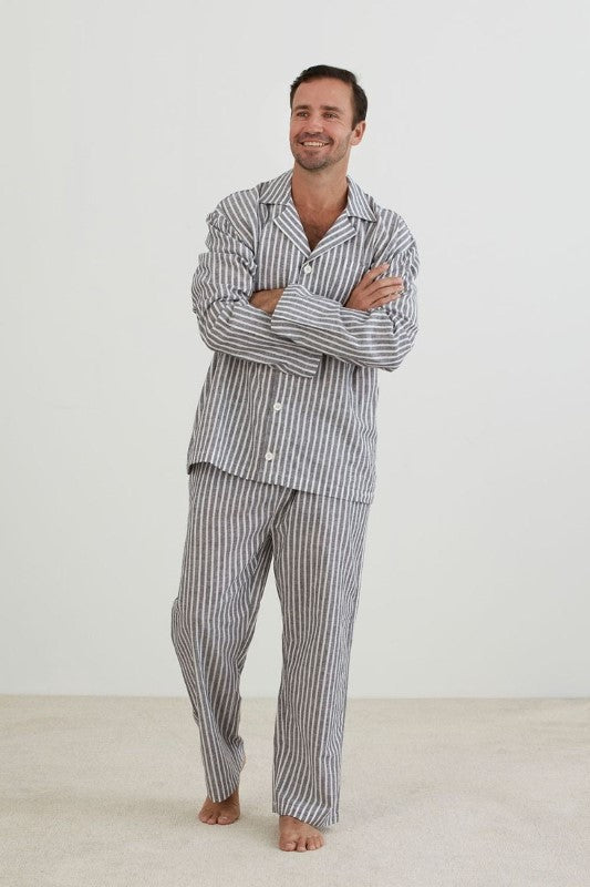 Classic grey and white striped PJ set featuring a long sleeve button-up top and pants with pockets, ethically made by BAKSANA.