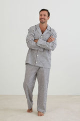 Grey and white stripe classic PJ set by BAKSANA, featuring a button-up top and elasticated pants with pockets, Size XL.