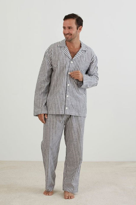 Grey and white striped classic pyjama set featuring a long sleeve button-up top and elasticated pants with pockets.