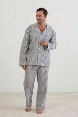 Grey and white striped classic PJ set featuring a long sleeve top, elasticated pants with pockets, ethically made by BAKSANA.