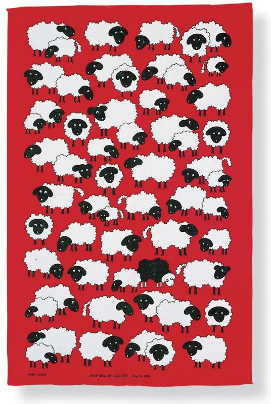 Charming tea towel featuring fluffy sheep on a vibrant red background, made of 100% cotton, measuring 74cm x 48cm.