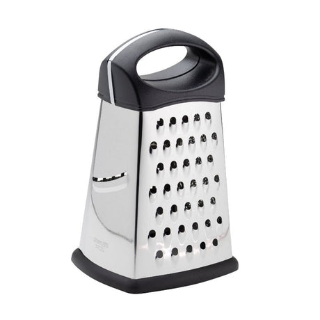 Professional 4-in-1 box grater with coarse and ribbon graters, zester, and slicer, designed for versatile kitchen use.