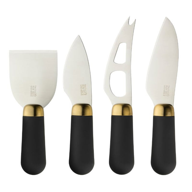 Taylors Brooklyn Brass 4PC cheese knife set with ergonomic handles and stylish brass bolsters for effortless cheese slicing.