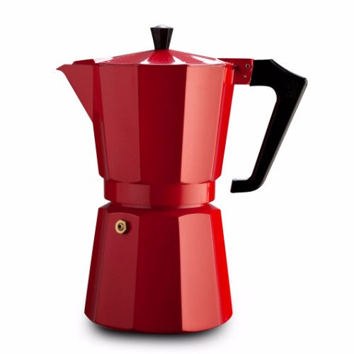 Pezzetti Red Italexpress 9C coffee maker in aluminum, stylish design for rich espresso, perfect for coffee enthusiasts.