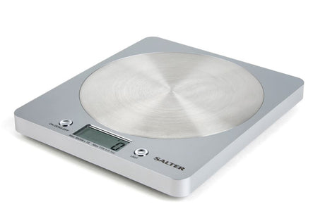 Salter Disc Electronic Kitchen Scale with stainless steel platform, LCD display, Add & Weigh, and Aquatronic features for precise measurements.