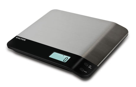 Salter Curve Electronic Kitchen Scale with curved stainless steel platform for easy ingredient transfer and backlit LCD display.