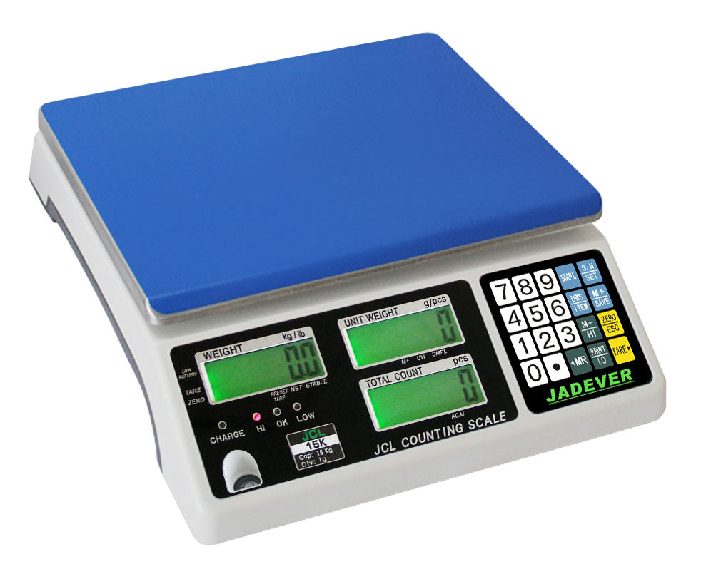 Jadever JCL-3K counting scale with 3kg capacity, bright LCD, stainless steel pan, and advanced counting features for efficiency.