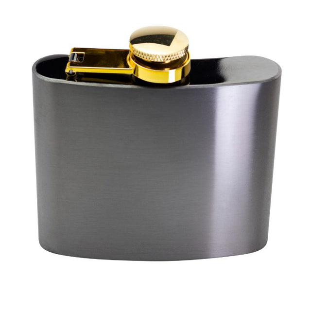 Elegant Taylors black titanium hip flask with brass lid, 140ml capacity, perfect for outdoor adventures or gifting.