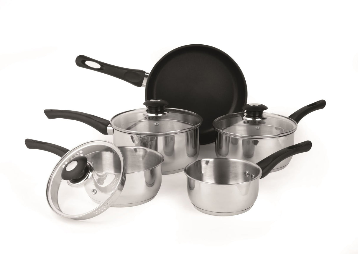 Russell Hobbs Easy Strain 5 Piece Pan Set features stainless steel pots and pans with tempered glass lids and integrated strainers.