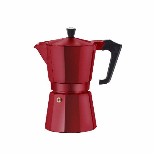 Pezzetti Red Italexpress Aluminium Coffee Maker 6C, a stylish stovetop espresso maker with a 6-cup capacity in vibrant red.