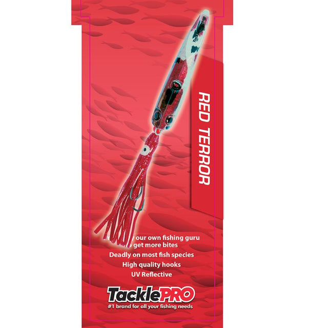 TacklePro Inchiku Lure 80gm - Red Terror, featuring a weighted body and octopus skirt, ideal for catching snapper while drift fishing.