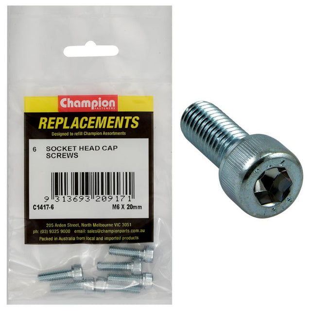 M6 x 20mm socket head cap screws, DIN 912, grade 12.9, packaged in a 6-pack for secure fastening.