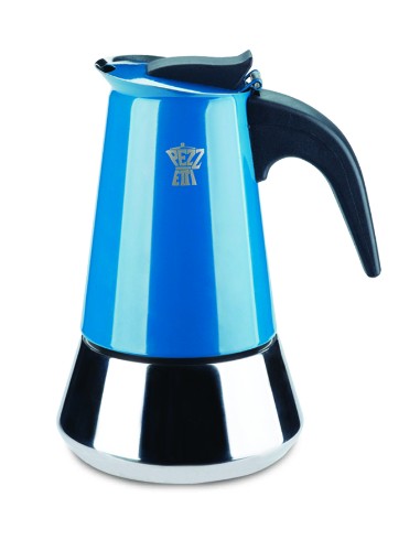 Teal aluminum Pezzetti espresso maker for 6 cups, ideal for induction cooktops with stylish design and reliable performance.