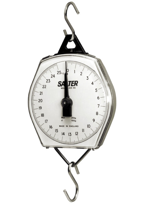 Salter Brecknell 5kg suspended scale with clear 150mm dial, durable housing, and hooks for versatile weighing tasks.