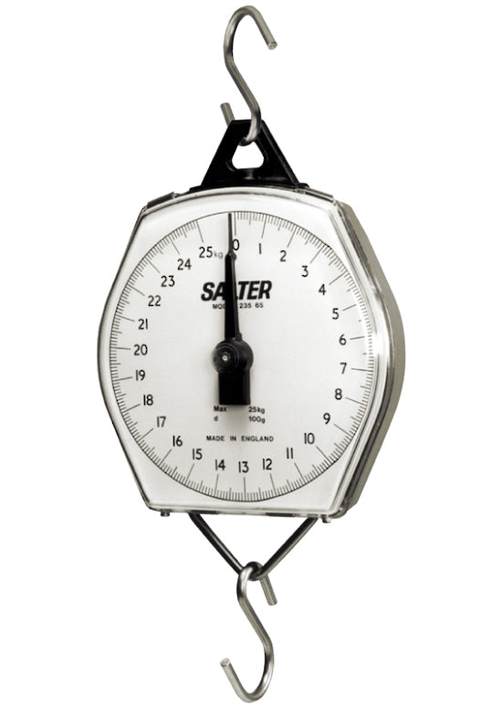 Salter Brecknell 5kg suspended scale with clear 150mm dial, durable housing, and hooks for versatile weighing tasks.