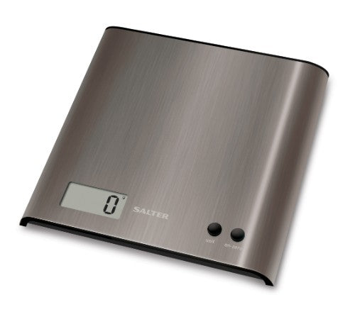 Sleek Salter Arc stainless steel kitchen scale with curved platform, LCD display, and Add & Weigh functionality for precision cooking.