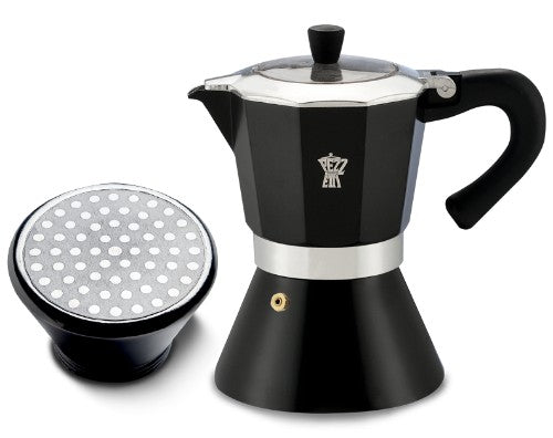 Pezzetti Bellexpress 3C coffee maker in black, featuring an 8-sided design for optimal heat diffusion and rich espresso brewing.