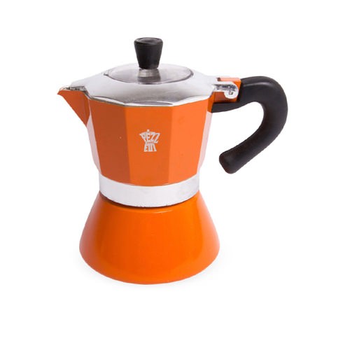 Vibrant orange Pezzetti Bellexpress coffee maker, 8-sided design for rich Italian coffee, suitable for all stovetops.