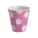 Set of six vibrant Jab Beverage Tumblers featuring white dots on a hot pink background, durable and dishwasher safe.