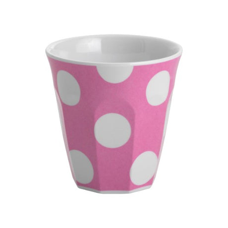 Vibrant hot pink tumblers with white dots, durable melamine, dishwasher safe, perfect for any indoor or outdoor occasion.
