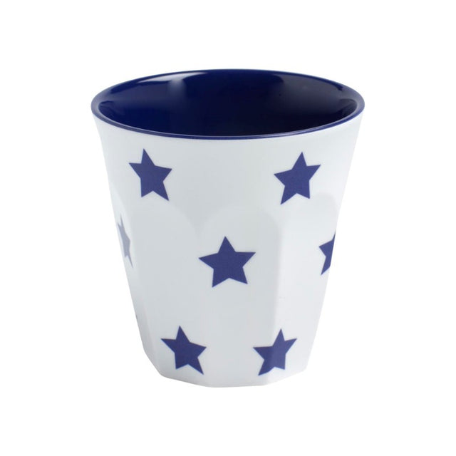 Set of 12 Navy Star tumblers, 200ml, crafted from durable melamine with a high-gloss finish, ideal for hot and cold beverages.