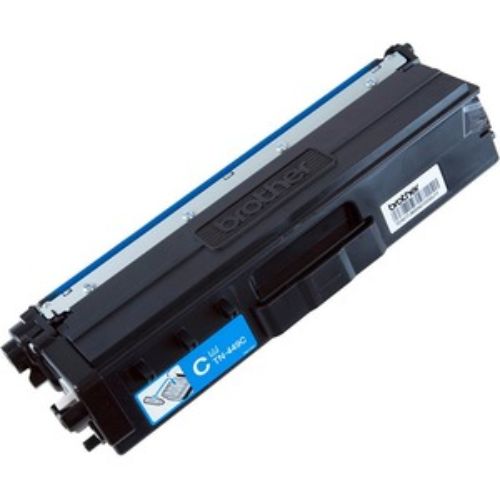 Brother TN449 cyan toner cartridge for laser printers, ultra high yield, prints up to 9,000 pages, ideal for vibrant documents.