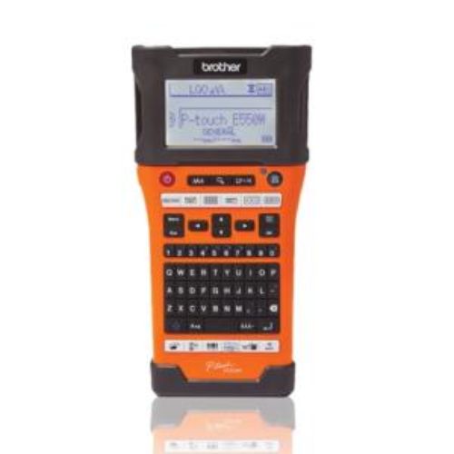 Brother Industrial Handheld Wireless Labeller in high-visibility orange with QWERTY keyboard, printing labels up to 24 mm wide.