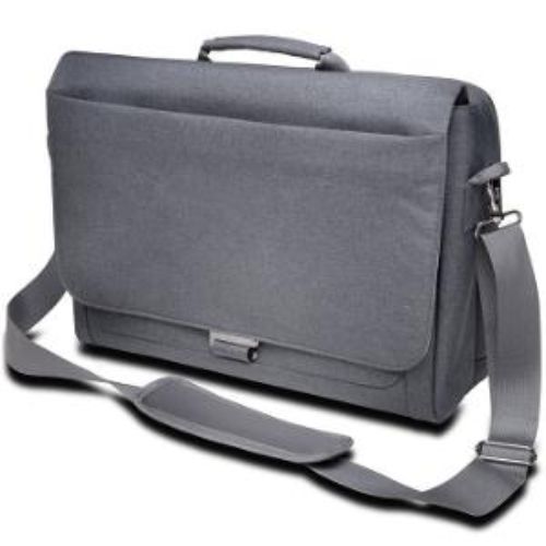 Cool Grey Kensington 62623 messenger bag for laptops, featuring padded compartments, organizer, and adjustable strap for convenience.