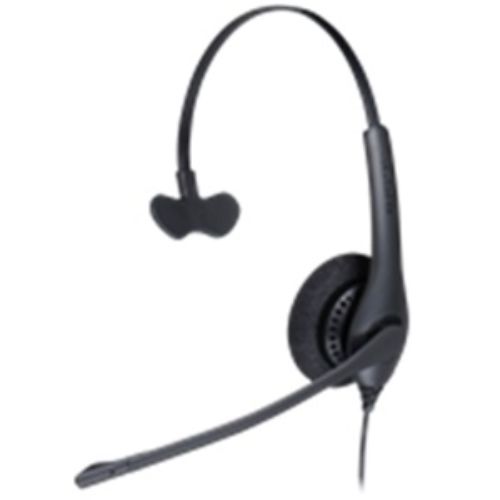 Mono wired Jabra BIZ 1500 headset with noise-canceling mic, foam ear cushions, and 270° boom arm for professional use.