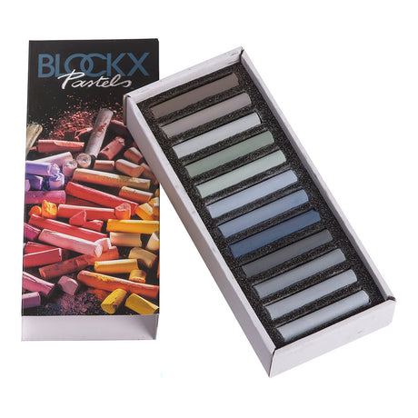 BLOCKX Soft Pastel set featuring 12 assorted grey shades, ideal for blending and creating detailed artworks.