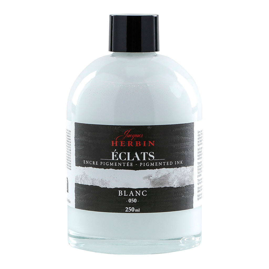 Bottle of Jacques Herbin Eclats Pigmented Ink White 250ml, ideal for artists seeking rich, opaque white for various projects.