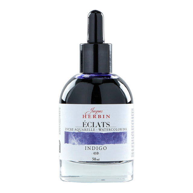 Bottle of Jacques Herbin Eclats Watercolour Ink 410 Indigo in 50ml, showcasing rich, luminous indigo color for artists.