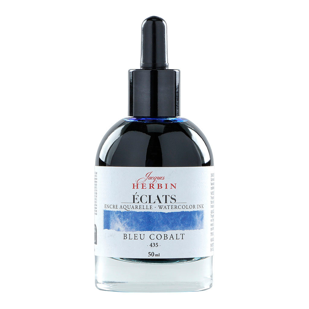 Bottle of Jacques Herbin Eclats Watercolour Ink 435 in Cobalt Blue, 50ml, ideal for vibrant artistic creations and blending.