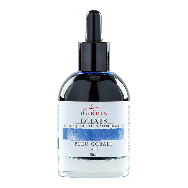 Bottle of Jacques Herbin Eclats Watercolour Ink 435 in Cobalt Blue, 50ml, ideal for vibrant artistic creations and blending.