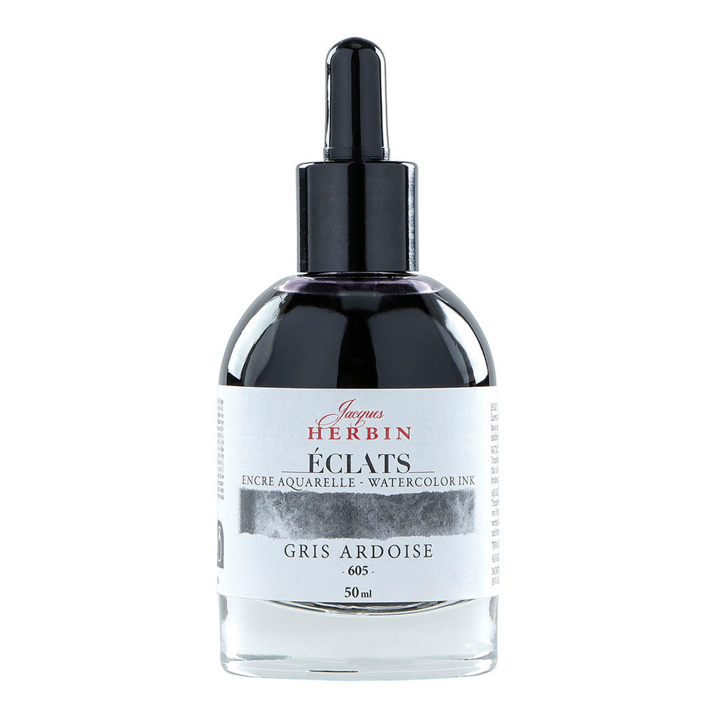 50ml dropper bottle of Jacques Herbin Eclats Watercolour Ink in Slate Grey, ideal for artists seeking luxurious, pigment-rich colors.