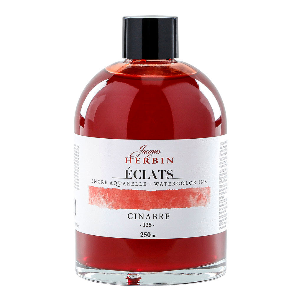 Vibrant Jacques Herbin Eclats 125 Vermilion watercolour ink in a 250ml bottle, perfect for blending and artistic expression.