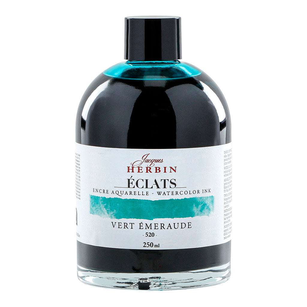 Vibrant 250ml Jacques Herbin Eclats Watercolour Ink in Emerald Green, perfect for artistic blending on various papers.