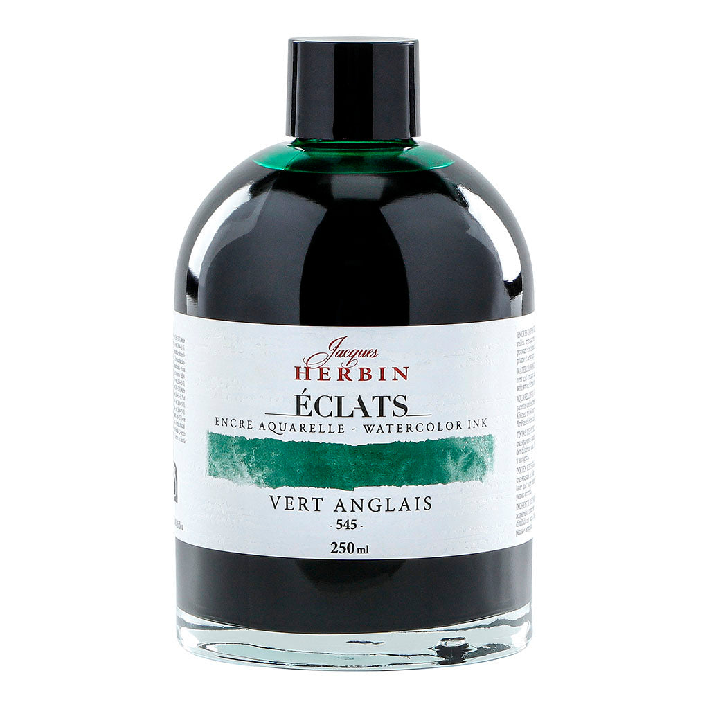 250ml bottle of Jacques Herbin Eclats Watercolour Ink in British Racing Green, known for its vibrant color and blending capabilities.