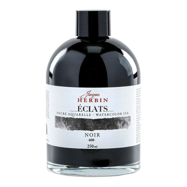 Elegant 250ml bottle of Jacques Herbin Eclats Watercolour Ink 600 Black, ideal for artists seeking deep, rich black pigment.