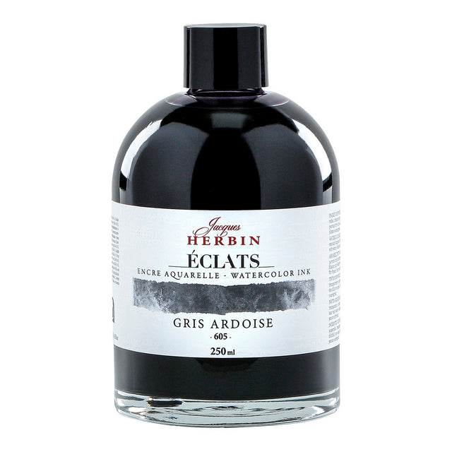 Jacques Herbin 605 Slate Grey 250ml watercolour ink in a sleek bottle, ideal for versatile, luminous art projects.