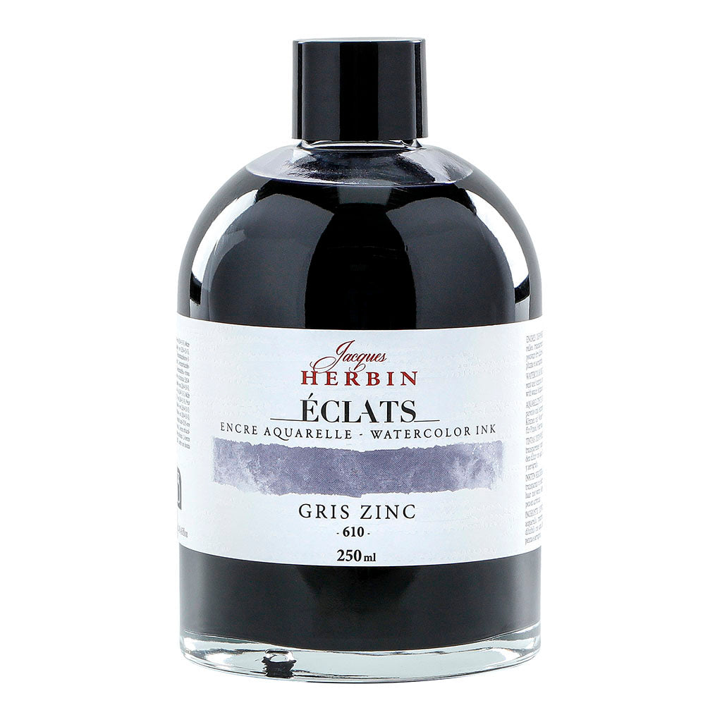 250ml bottle of Jacques Herbin Eclats Watercolour Ink in Zinc Grey, ideal for vibrant artwork with unique blending capabilities.