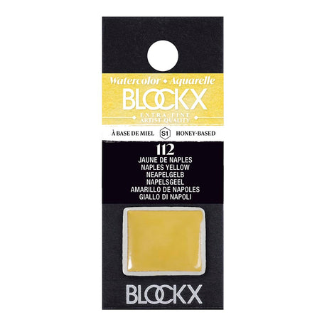 BLOCKX Watercolour Half Pan S1 112 Naples Yellow, a warm and luminous semi-transparent pigment, perfect for diverse watercolor techniques.