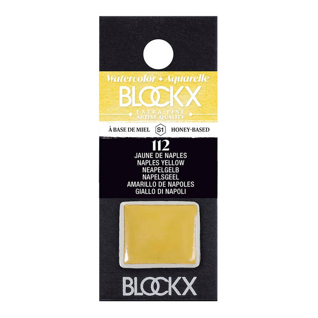BLOCKX Watercolour Half Pan S1 112 Naples Yellow, a warm and luminous semi-transparent pigment, perfect for diverse watercolor techniques.